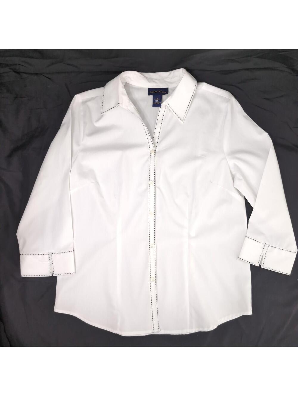 CHARTER CLUB Women’s Blue White Striped Top Tailored Fit Cotton Button Size 12